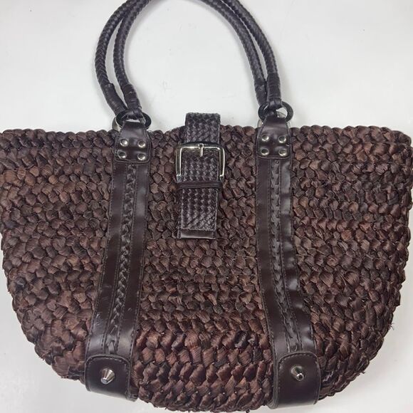 OVERSIZED WOVEN SHOULDER PURSE VINTAGE 100% STRAW BROWN WOMAN BAG - Picture 1 of 15